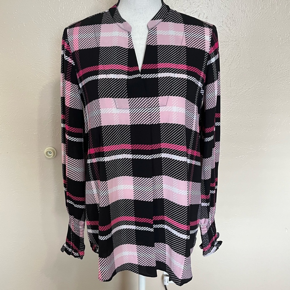 Lord & Taylor Pink & Black Plaid Long Sleeve Blouse Womens Size XS